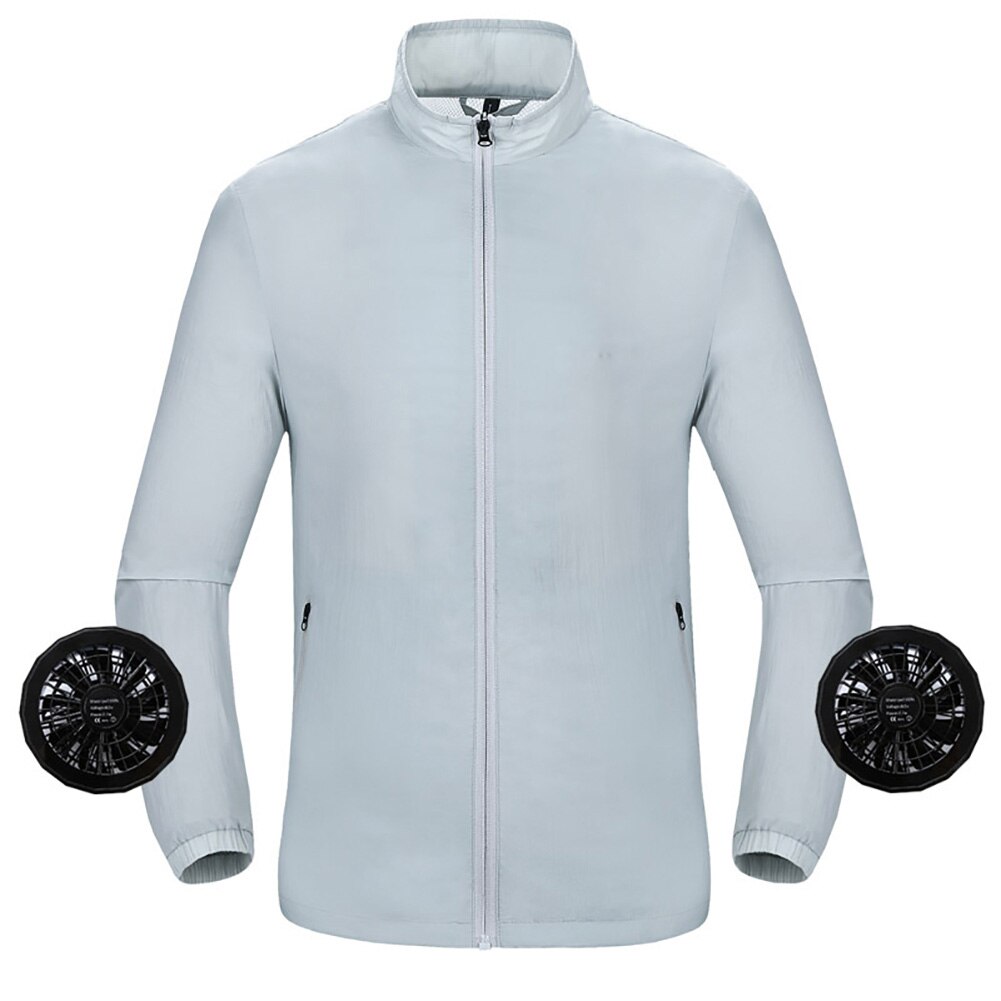 Summer Outdoor Cooling Fan Long Sleeve Jacket Unisex Fishing Working Top Coat: Light Grey / L