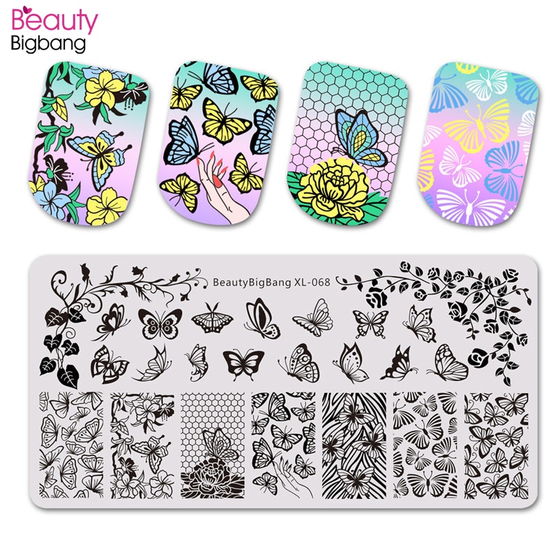 BeautyBigBang Stamping Plates for nails Flower butterfly Theme Nail stamping Plates Template Rectangle Nail Art Stencils XL-068