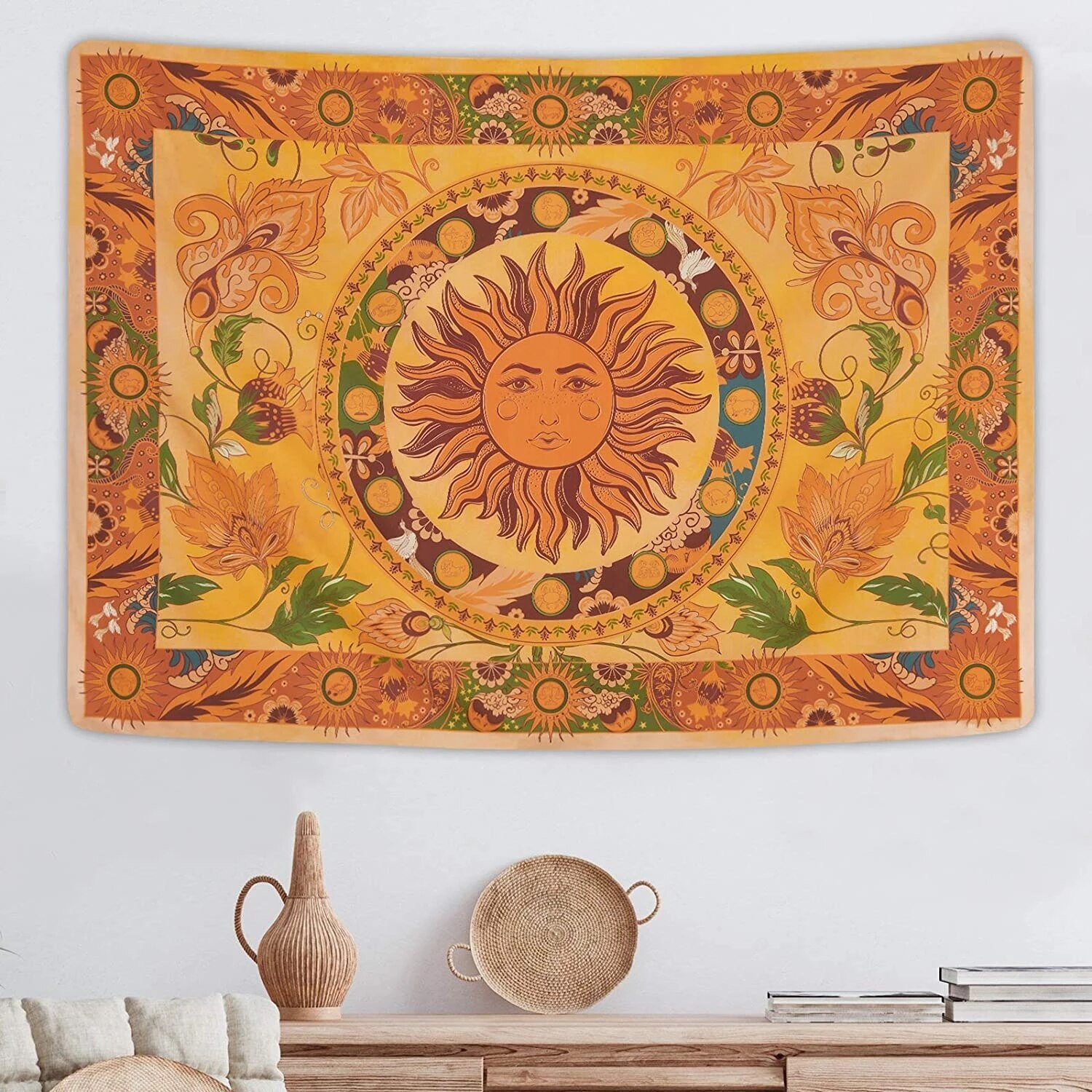 Brændende sol vægtæppe blomster vinstokke gobeliner vintage blomstertapet mystisk gobelin hippie vægtæppe vægophæng til værelset
