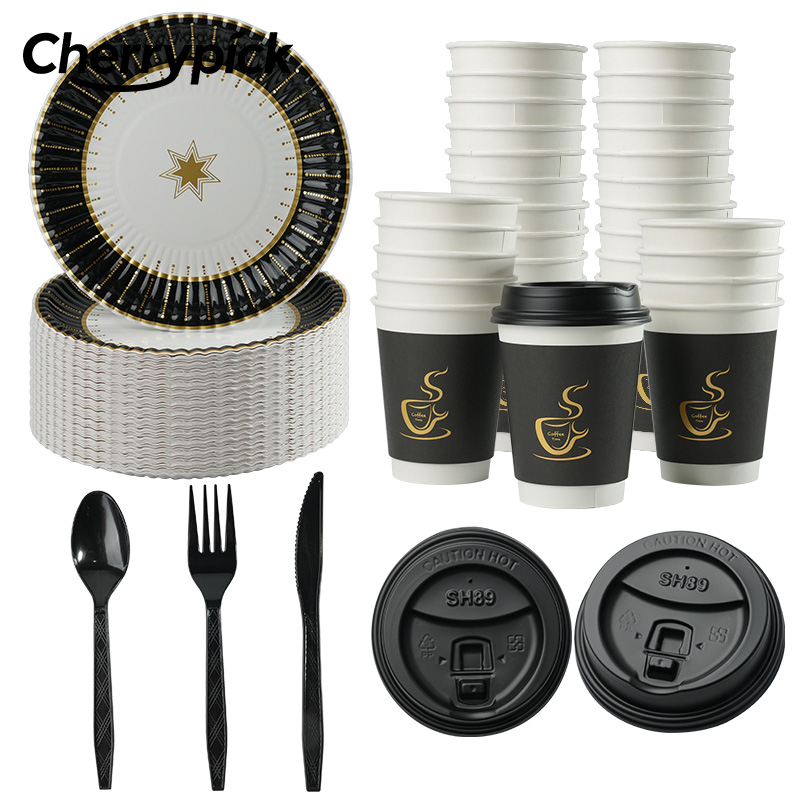 10pcs Black Gold Disposable Tableware Paper Plates Cup Black Forks Spoons Knifes Dinner Plates Birthday Wedding Party Tableware