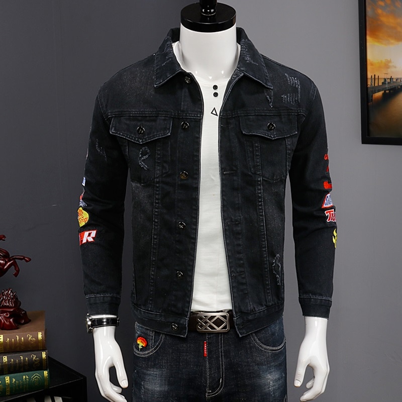 Men Casual Black Denim Jacket Streetwear Letter Embroidery Outerwear Cotton Back Ripped Pilot Coat