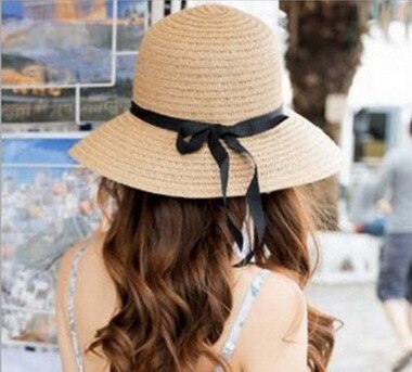 Modieuze vrouwen strohoed getijden zonnehoed netwerk zonnebrandcrème strand strik dameshoed populaire reisstrohoed: Beige
