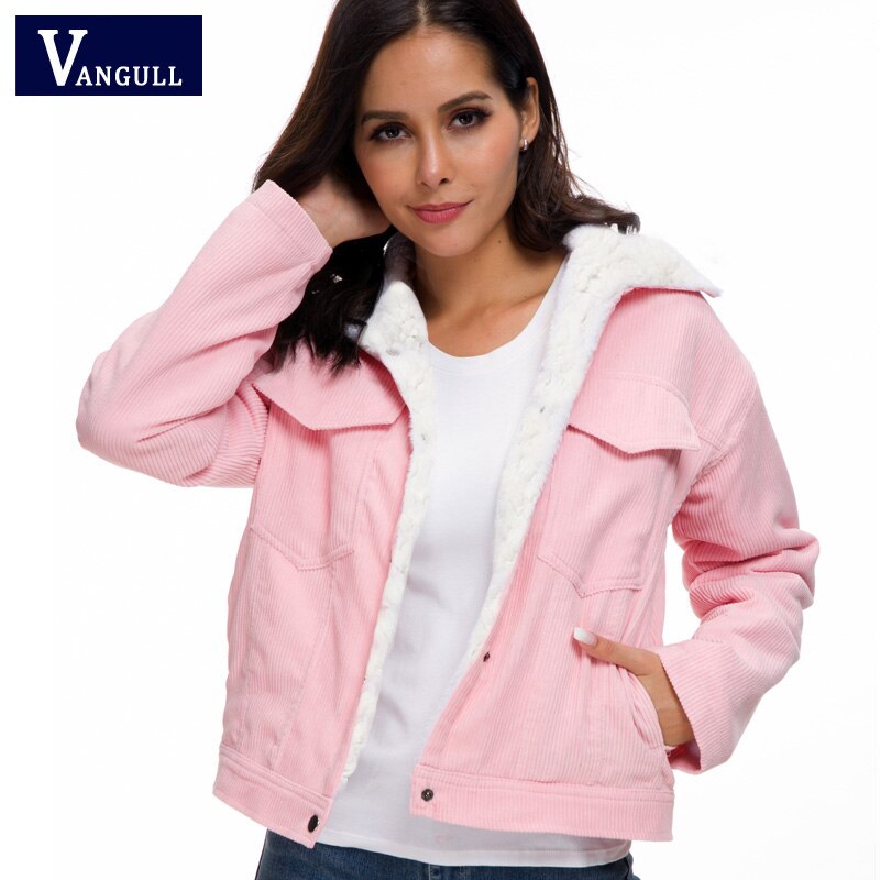 Vangull myk pels foret kåpe vinter lammeull jakker kvinner cordfløyel tykk jakke jakke dame outwear casual varm parka: Lyserosa / Xxl