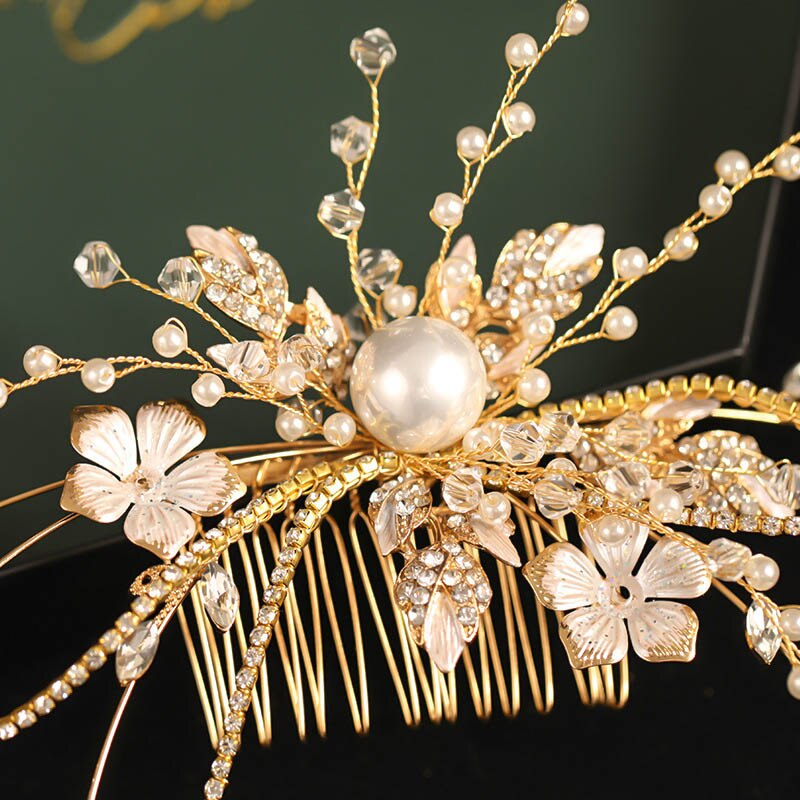 Pearl Crystal Hair Comb Pin Vintage Gold Color Head Piece For Brides Women Leaf Hairpins Wedding Accessories Bridal Jewelry