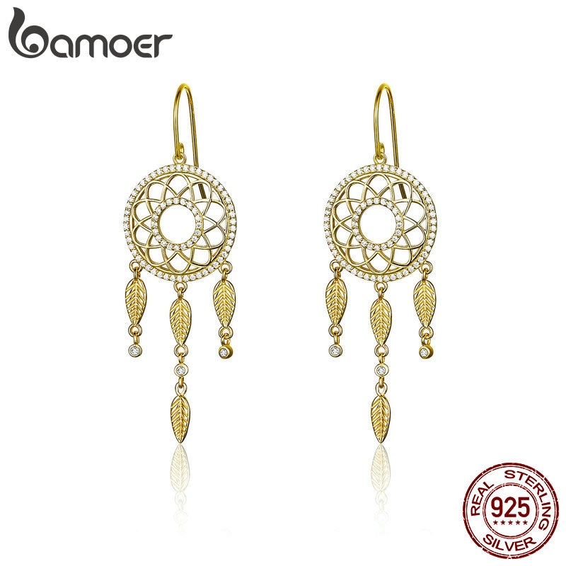 BAMOER 925 en argent Sterling capteur de rêves couleur or longues boucles d'oreilles pour les femmes de mariage bijoux de fiançailles BSE044