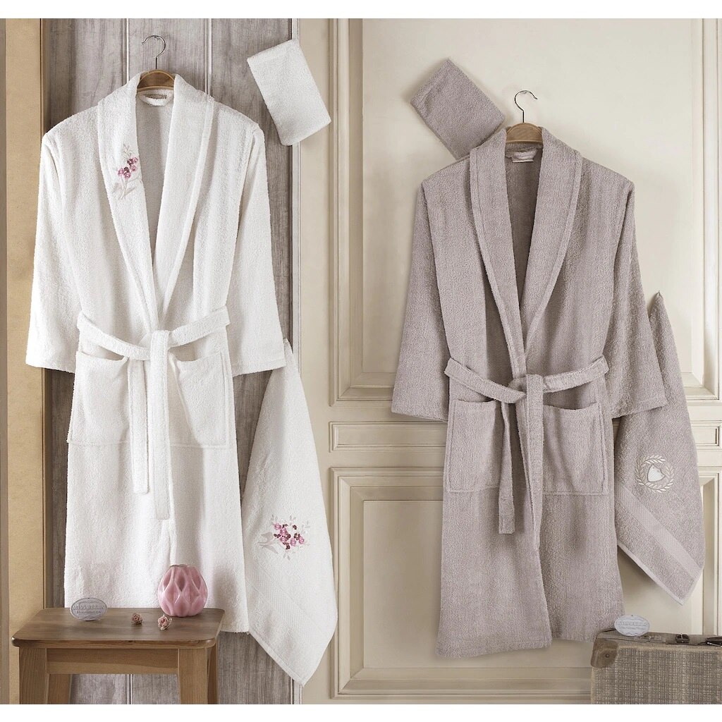 Pamulu 8 Piece Bathrobe Set robe bathrobe Set Family set Dear Set Women &#39;S towel Male towel simple pouch embroidery: Beige