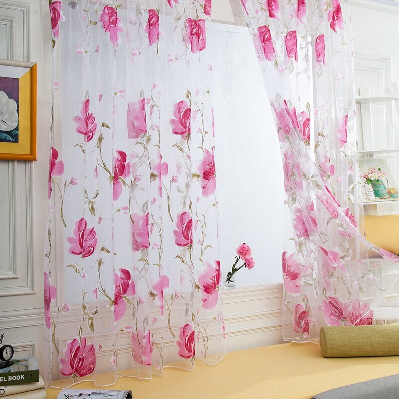 Urijk-rideaux transparents en tulle, rideaux transparents avec motifs floraux, pour fenêtre de chambre à coucher et salon: A pink100x200cm