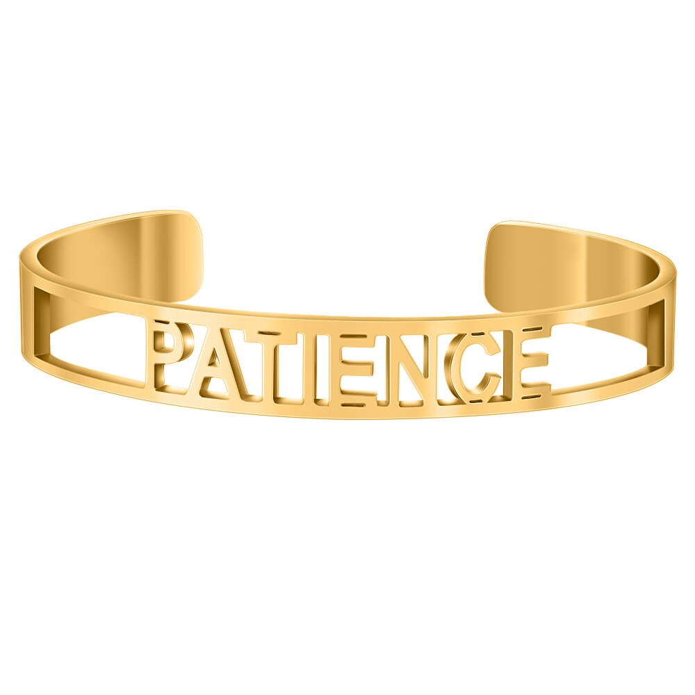 Cor do ouro oco para fora de aço inoxidável palavras inspiradoras positivas mantra mantra mantra pulseira pulseiras para homem presente feminino: PATIENCE