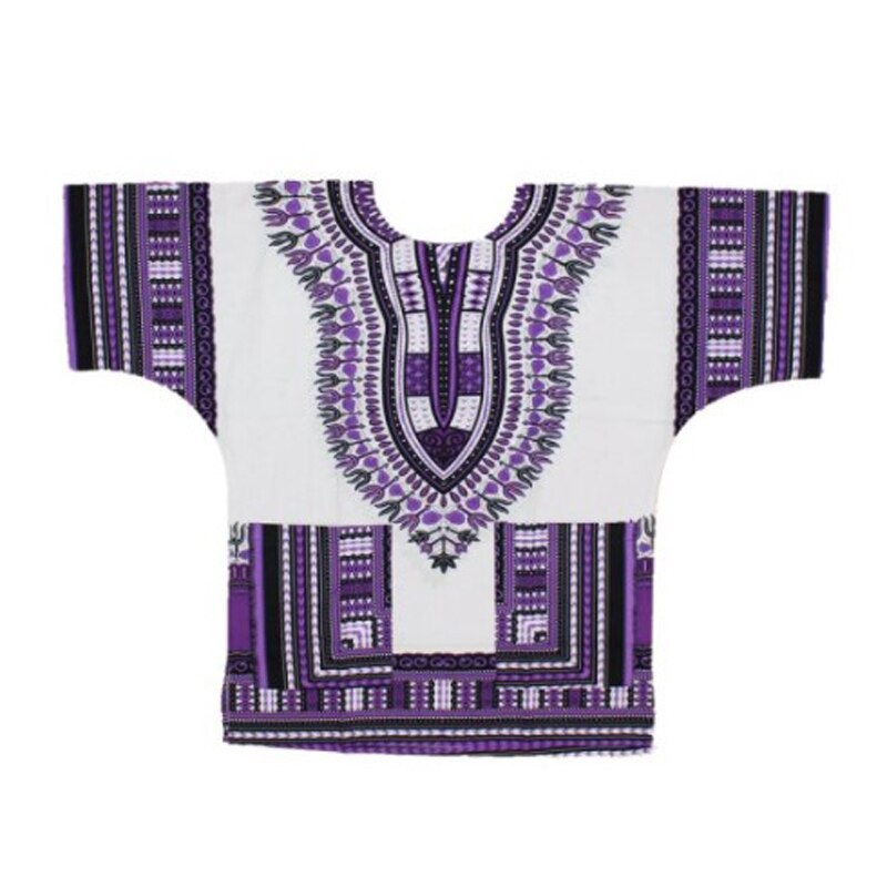 100% Katoen Afrikaanse Traditionele Print Korte Mouw Dashiki Kleding voor Mannen: white purple