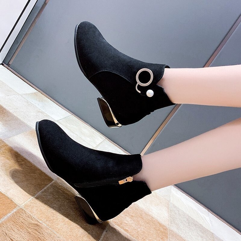 Feestelijke dikke blokhak schoenen met rits enkellaarsjes dames winter student casual grote maat enkellaarsjes kort pluche