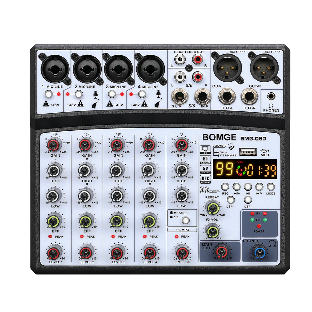 BOMGE Mezclador de audio de 6 canales Consola mezcladora portátil Interfaz USB Tarjeta de sonido con 99 DSP Echo 48V Phantom Power: Negro