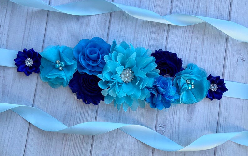 Oyabridal Baby Shower - Cinturón De Maternidad Azul Para Embarazo, Flor Para El Vientre, Cinturón De Flores Para Vestido De Maternidad, Azul