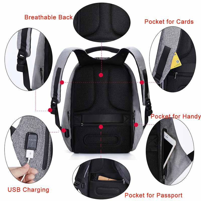Mochilas antirrobo para ordenador portátil de 15 pulgadas KALIDI, mochilas para hombres con carga USB para adolescentes, cubos de embalaje, mochila resistente al agua para viaje