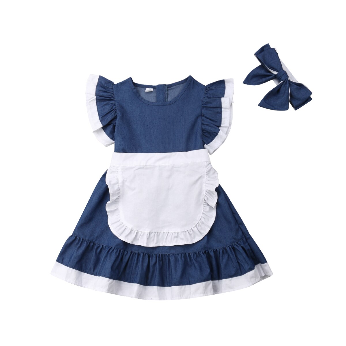 Retro Girl Kid Toddler Baby Princess Party Pageant Denim Tutu Dresses Photograph Vogue Sweet Fly Sleeve Denim Lace Dress
