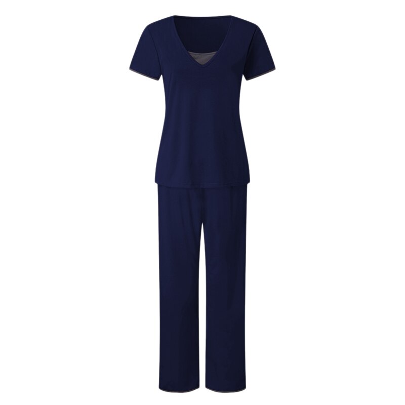 Gravide pyjamas kvinder barsels korte ærmer ammende baby t-shirt toppe+lange bukser pyjamas sæt: Mørkeblå m