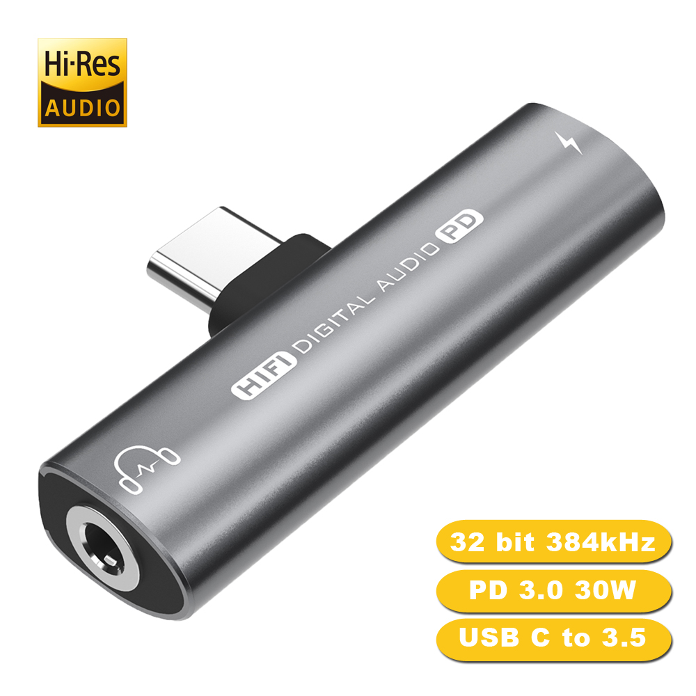 2 w 1 Adapter USB C na 3,5 MM Jack Słuchawki Audio Adapter PD 30W Szybkie ładowanie Typ C 3,5 mm Aux Hi-Res Konwerter do iPada Pro Air Samsung: Grey