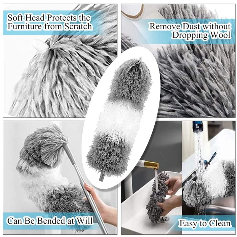 Telescopic Duster Extra Long Extendable with Washable Microfibre Brushes Heads Bendable Duster Broom for Removing Dust