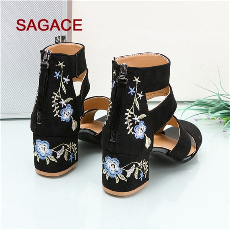 Sagace sandaler kvinder sommer lynlås broderi firkantede hæl åndbare sandaler højhælede sko sandalia feminina 2020