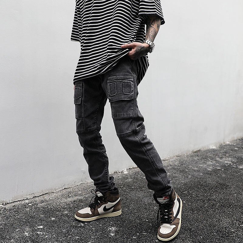 Harajuku hoch Straße Schwarz Grau strecken Jeans Männlichen retro Gewaschen Multi-tasche Denim Hosen Hüfte hüpfen Zerrissene Jeans Hosen Overall