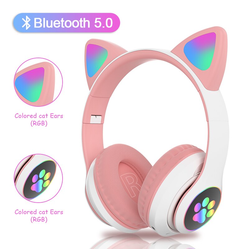 Wireless Headphones for Kids & Adults - RGB Cat Ear Bluetooth 5.0 with Mic, Noise Cancelling, TF Card Support