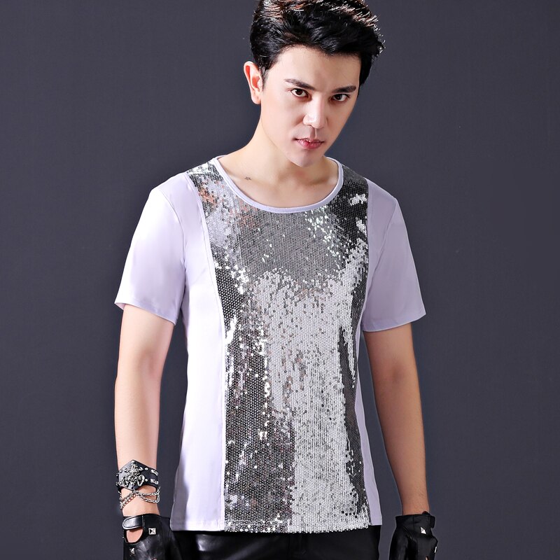Camiseta de manga corta de lentejuelas de plata de tendencia de cantante masculino DJ de tambor de baile de discoteca de Bar