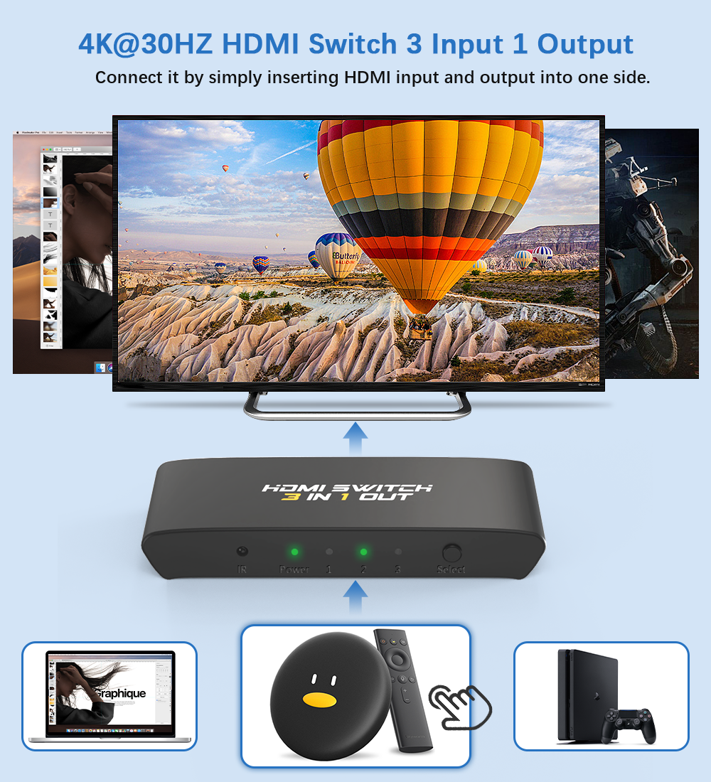 Uhd hdmi 4k hdmi-switch 3 x 1 mini hdmi-switch-switcher hub-boks understøtter ir-fjernbetjening hdmi-switch-splitter