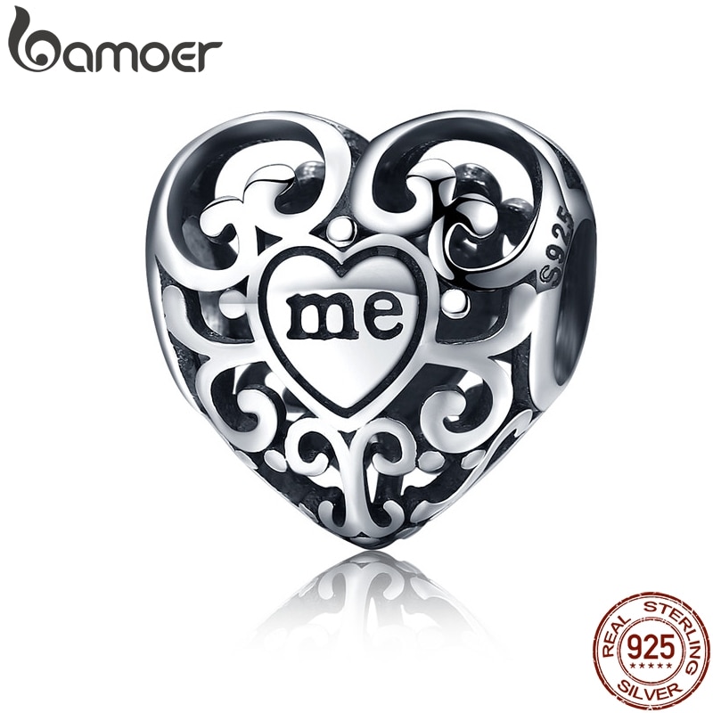 Bamoer romântico real 925 sterling silver openwork você & me flor folha contas caber charme pulseira & pulseira diy jóias presente scc145