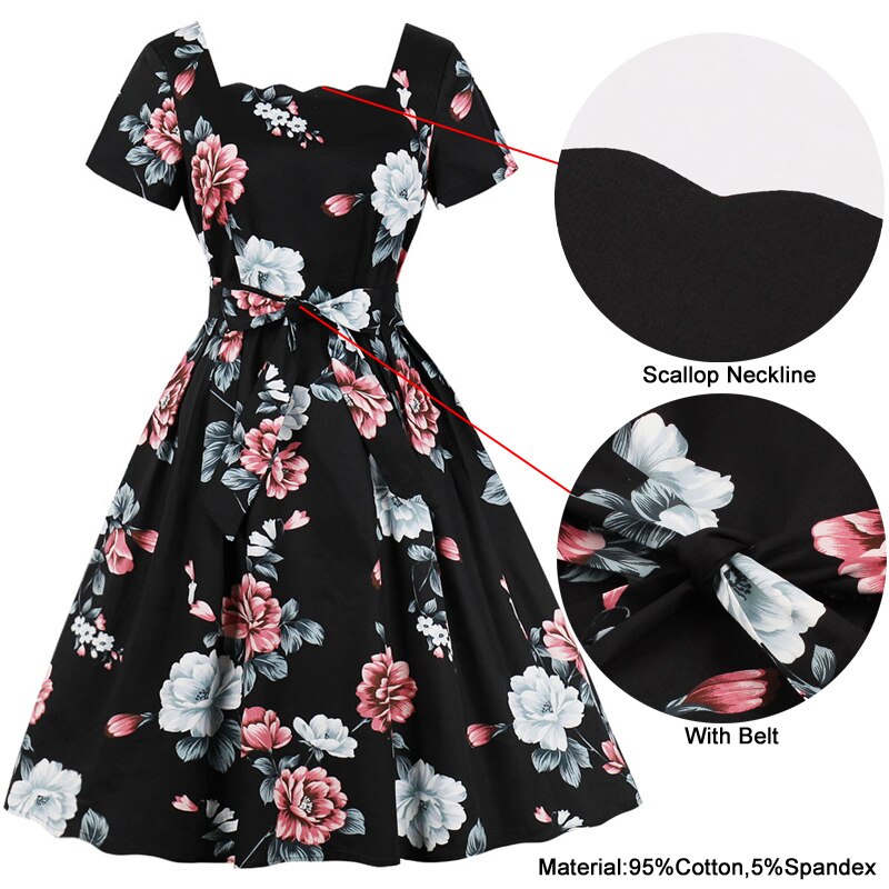 Tonval flosset firkantet hals blomsterprint sort kjole kvinder 50s retro tøj glamourøse rockabilly plisserede kjoler