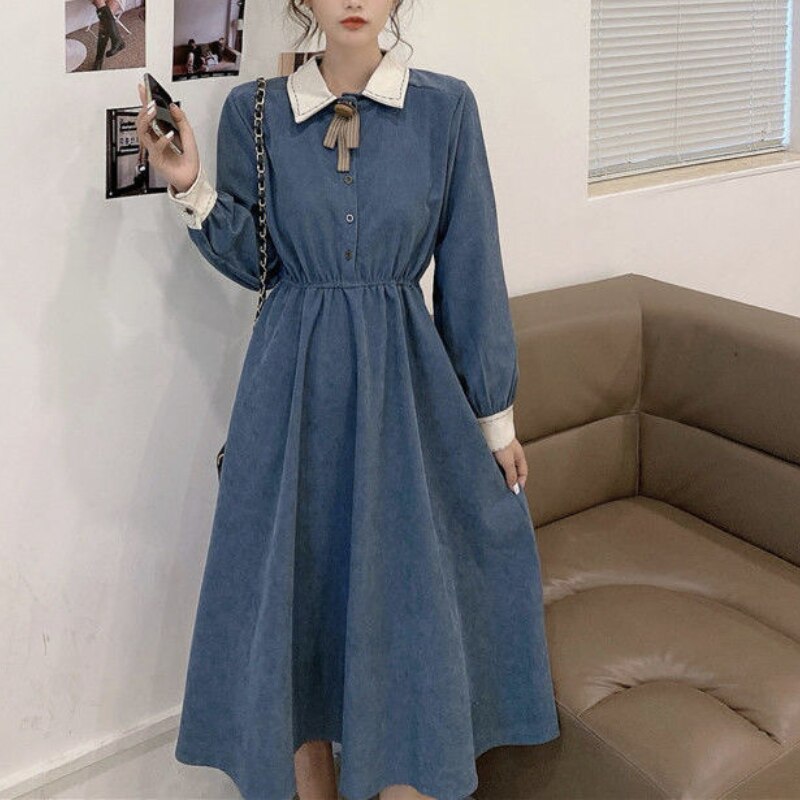 Houzhou Elegante Jurk Vrouwen Zoete Preppy Stijl Lange Mouw Jurk Fairy Vintage Casual Losse Outfits Party Koreaanse Lente Herfst