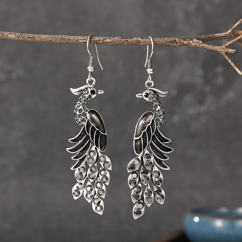 Niebieski Rhinestone etniczne kolczyki paw indyjska biżuteria w stylu Vintage srebrny kolor kryształu dynda wiszące kolczyki dla kobiet Pendientes: Black