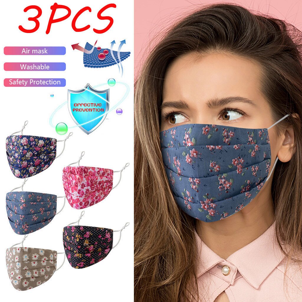 5/3Pcs Ski Fasemask Adults Reusable Floral Print Breathable Mascarillas Cotton Washable Fase Maskes Balaclava Cap Hat