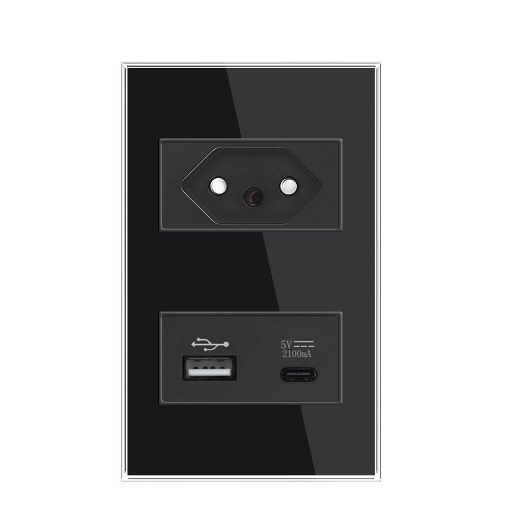 Brasilien 10a 20a Steckdose 2 Stifte See AC 118 mm * 72 mm gehärtete Glassteckdose mit USB und Typ-C, BR USB-Wandsteckdose: Typ5 / 85-220 V