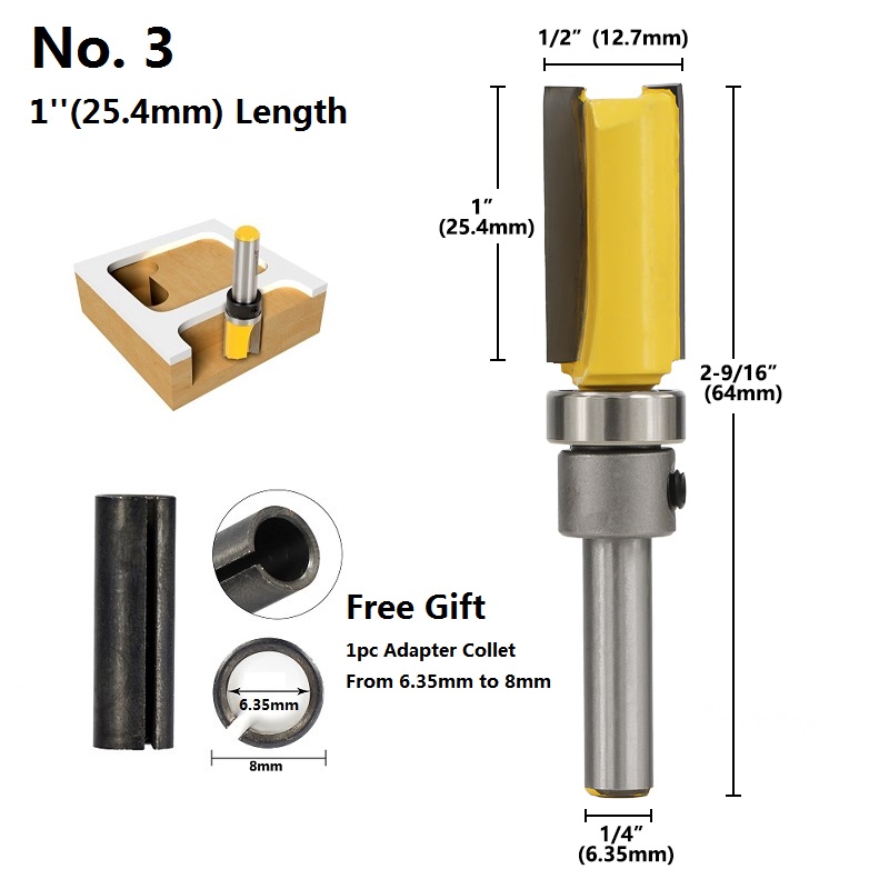 1pc 1/4''(6.35mm) 8mm Shank Flush Trimming Router Bit Pattern Wood Milling Bit Template Trim Milling Cutter Straight Router Bit