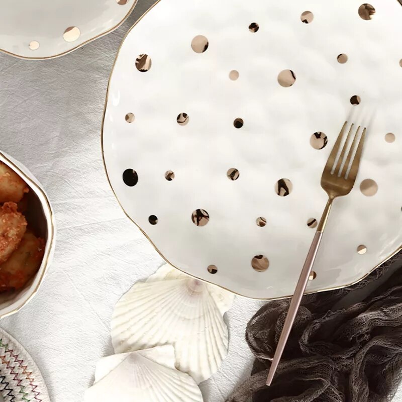 Europæisk guld bølgepunkt keramik porcelæn suppe skål frugt frugt bøf plade desserter fad sød mad plader