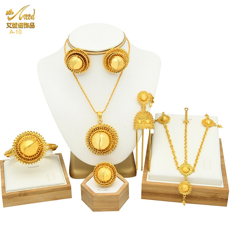 ANIID etiope da sposa 6 pezzi Set di gioielli collana di lusso Color oro marocchino africano Set regalo di accessori per feste di nozze nigeriane: A-10-Gold