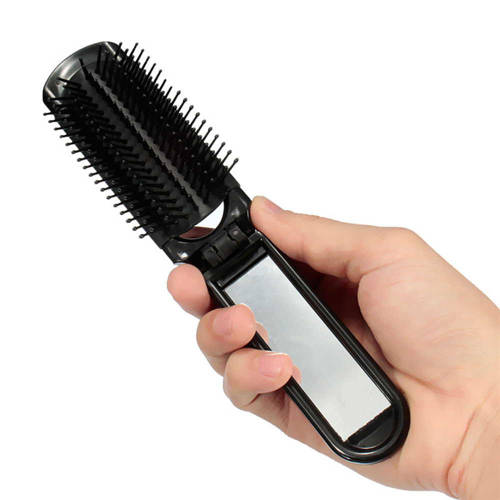 Peigne à cheveux de voyage , Portable et pliable, avec miroir, format de poche Compact, portefeuille, outils de coiffure: Black