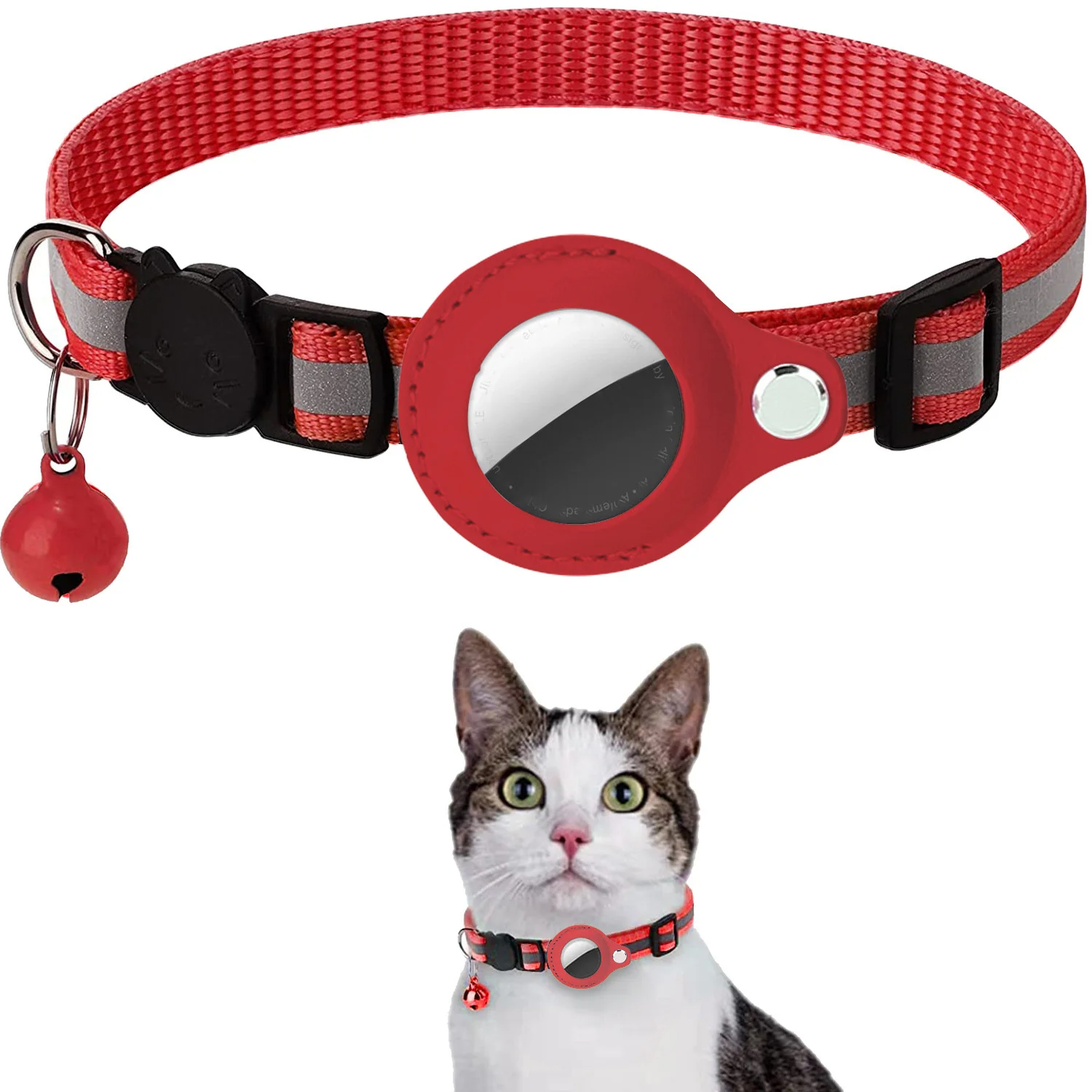 Gato airtag titular colar breakaway tiras reflexivas ajustável gatinho colar à prova dwaterproof água gato sino colar pet air tag caso: Vermelho