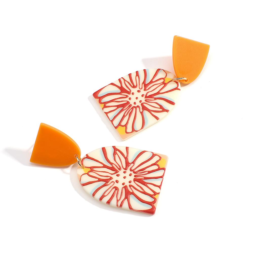 AMORCOME Cute Orange Geometric Acrylic Earrings 3D Effect Colorful Printed Flower Simulated Polymer Clay Earrings Daily Jewelry