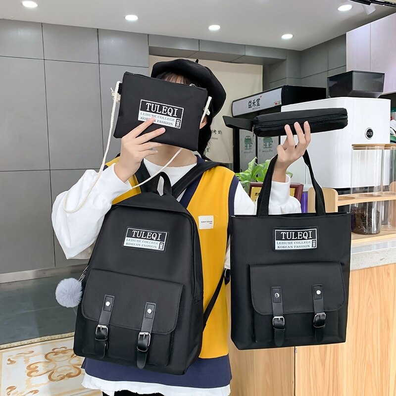 Set van 4 schooltassen, canvas damesrugzak, collegetas voor meisjes, antidiefstalrugzak, mochilas, damesrugzak