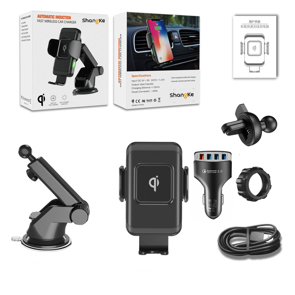 Draadloze autolader 10w autoklem 2- in -1 qi snellader autohouder ventilatierooster dashboard telefoonhouder voor iphone  x 8 samsung  s9: Zwarte set