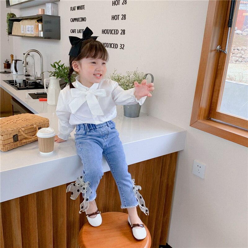Primavera 2021 nuove ragazze Jeans con fiocco dolce pantaloni Casual per bambini in stile coreano neonate pantaloni Slim in Denim All-match