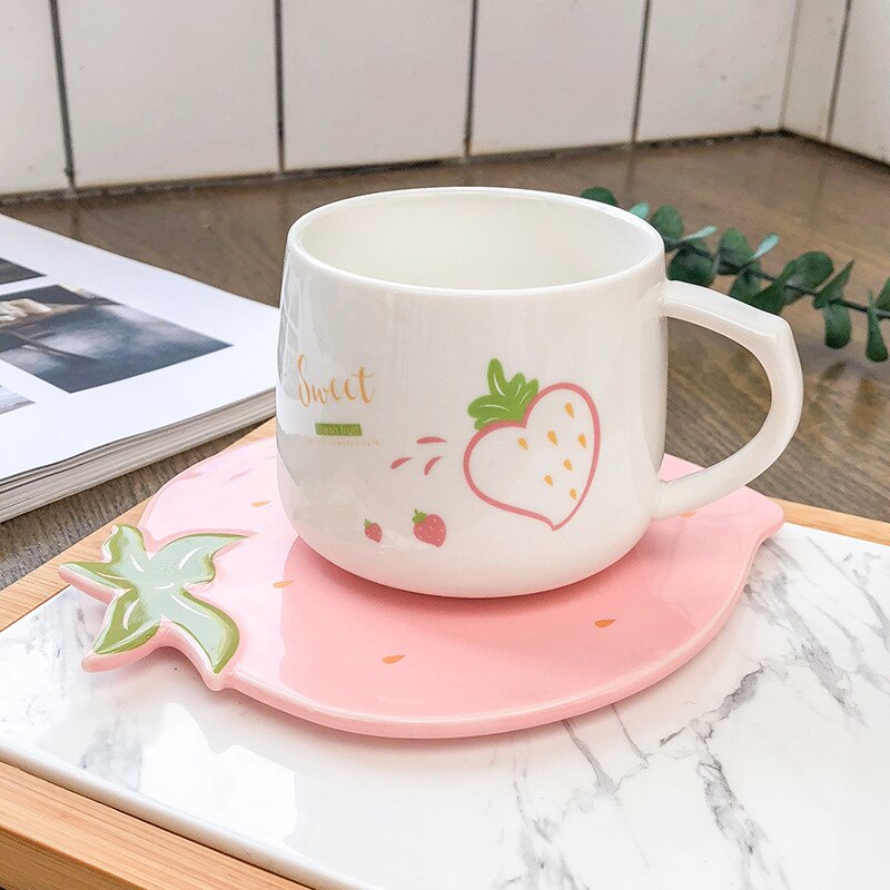 Juego de tazas y platillos con de fresa, Set de café con zumo de Taza de leche encantador, para niños de 250ml, para niñas: white strawberry
