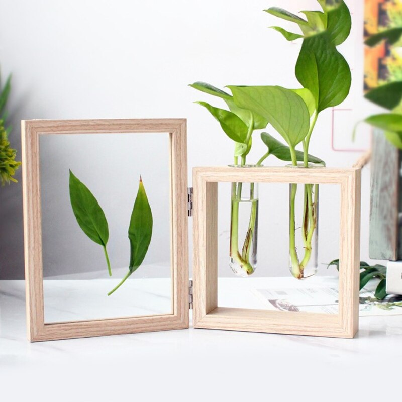 Wood Picture Frame and Plant 2 Vase Combo, Double Sided Display Hinged Desktop Wooden Stand, Glass Planter Terrarium