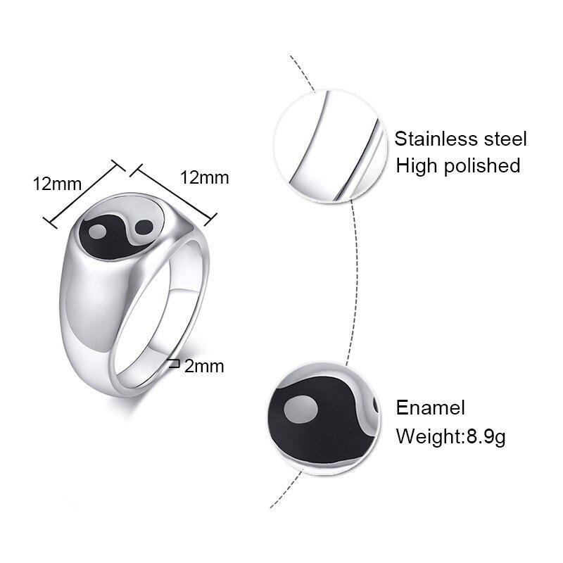 Tai chi yin yang skvallerring män rostfritt stål silverfärgad emalj rund signetring taoist zen spirit smycken