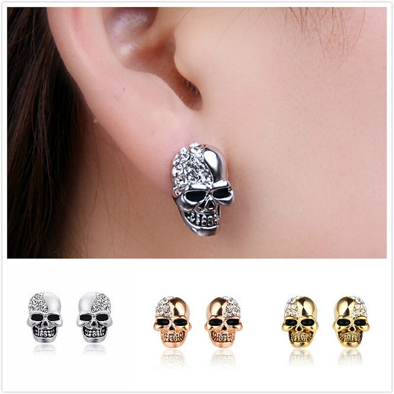 1@# punk round shiny gold silver skull Clip Earrings , men and women jewelry