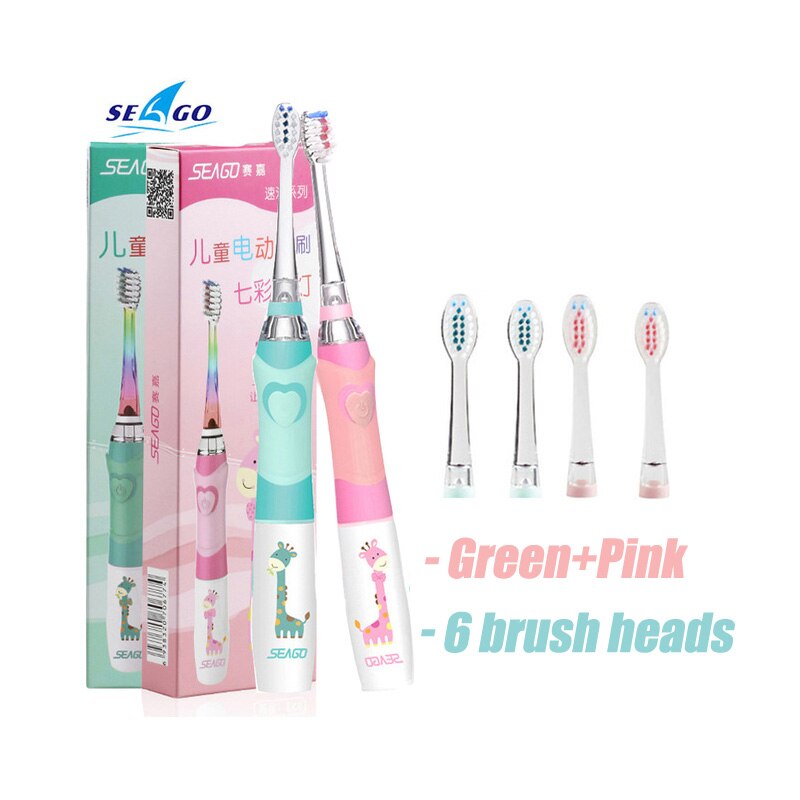 Seago Kids' Electric Toothbrush Powered Battery Smart Timer ToothBrush Soft Bristle Brush Head Kids Oral Care Colorful LED: Green pink 6 heads