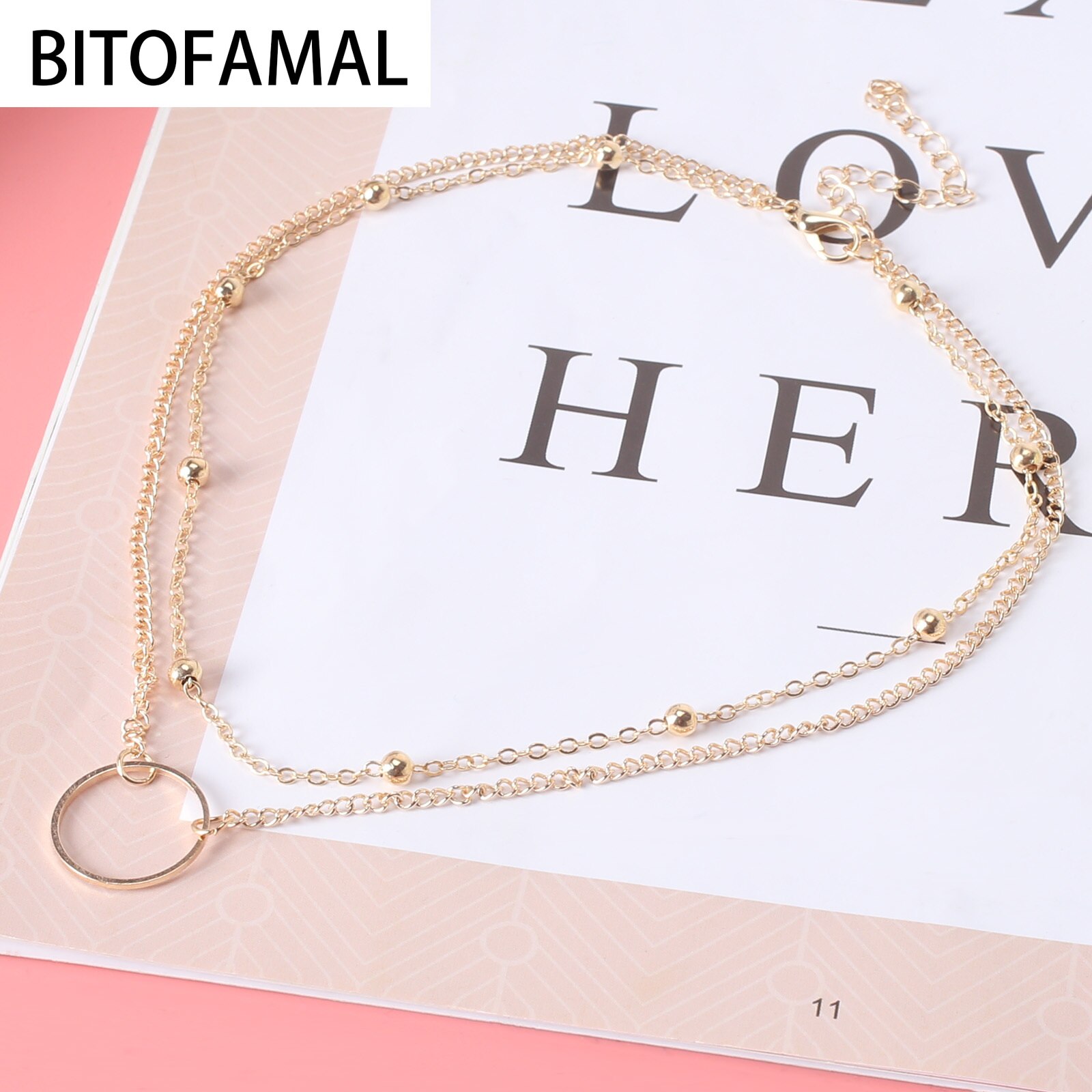Double-Layer Bead Ketting Holle Cirkel Hanger Ketting Voor Vrouwen Eenvoudige Geometrische Vrouwelijke Trendy Chokers Kettingen