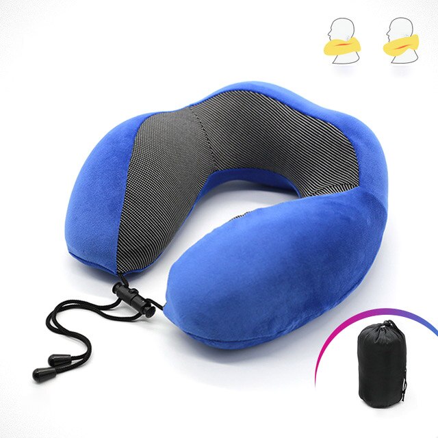U-Vormige Traagschuim Nek Kussens Zachte Trage Rebound Ruimte Reizen Kussen Effen Nek Cervicale Gezondheidszorg Beddengoed Kussen Met tas: Blauw