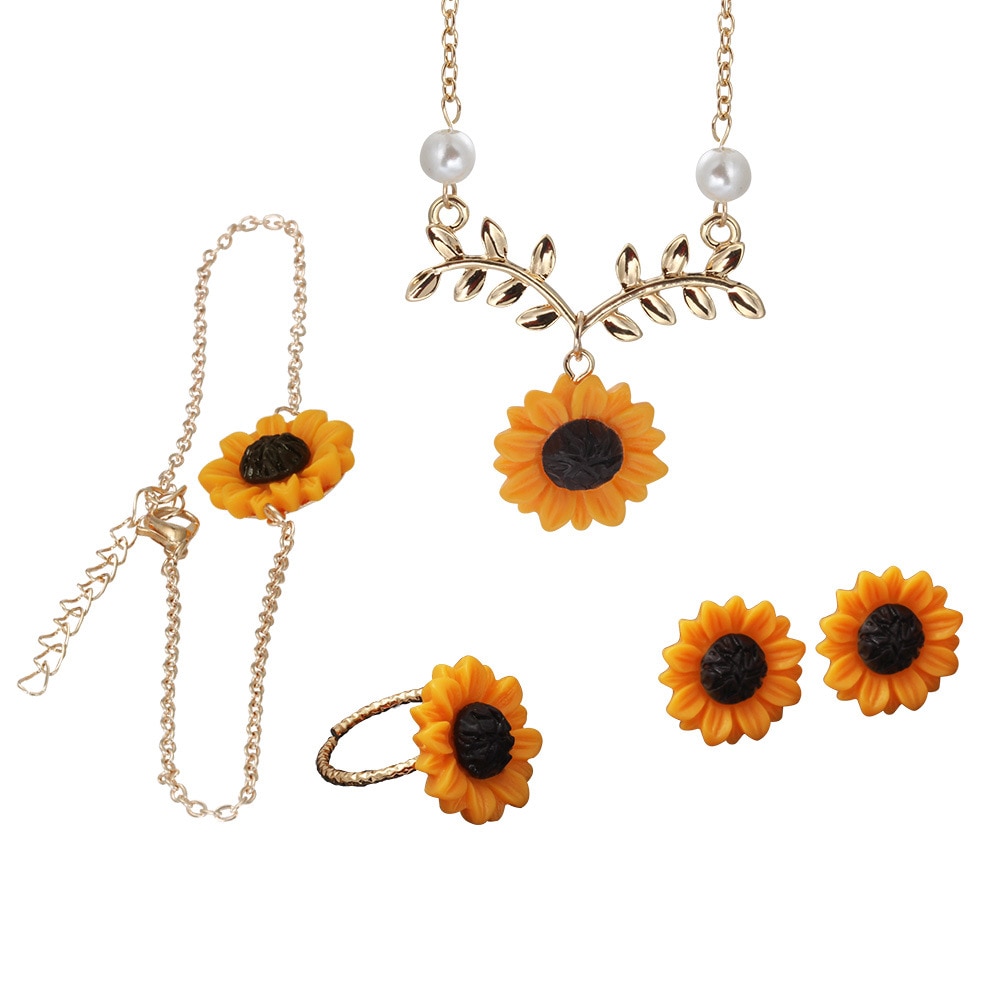 Halskette Ohrringe 4 Stück Modische Sunflower Blatt Anhänger Nette Blumen Schlüsselbein Kette Schmuck Sets für Frauen