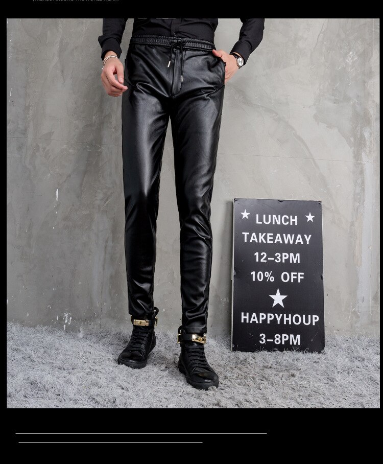 Heren herfst en winter casual leren broek heren zwarte elastische elastische taille voeten broek waterdichte pu leren broek: 32